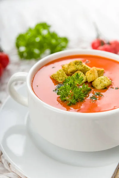 Tomato Soup Croutons Fresh Parsley — Stock Photo, Image