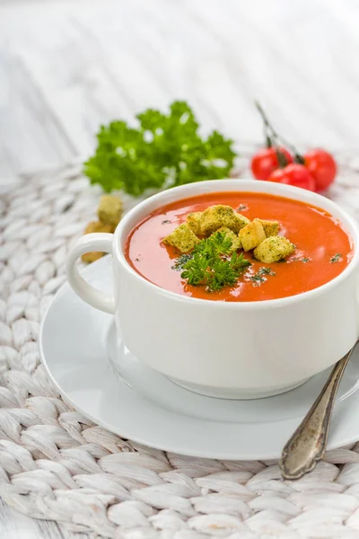 Sopa Tomate Com Croutons Salsa Fresca — Fotografia de Stock