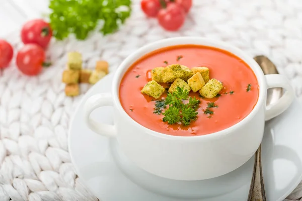 Tomato Soup Croutons Fresh Parsley — Stock Photo, Image