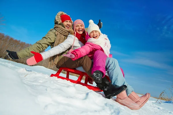 Ekstatisk Familj Släde Kul Vintern — Stockfoto