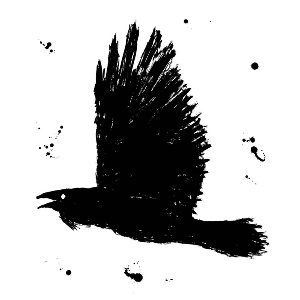 Raven Grunge Hand Drawn Ink Sketch Black Flying Bird Textured — Stock Photo, Image