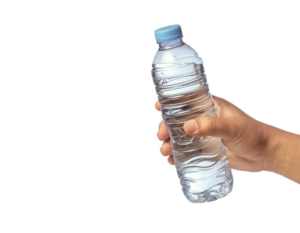 Mano Dando Una Bottiglia Acqua Potabile Sfondo Bianco Isolato — Foto Stock