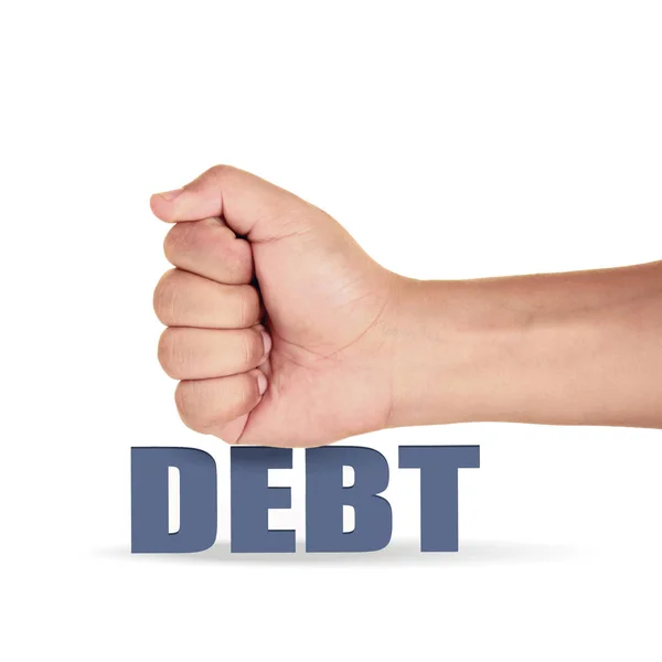 Hand Schlägt Auf Die Schulden Über Weißem Hintergrund — Stockfoto