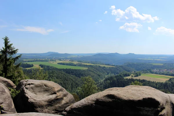 Panorama Sandstein Mit Wäldern Und Feldern Elbsandsteingebirge Sächsische Schweiz — Stockfoto