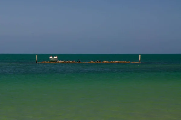 Mole Beach Met Kleine Motorboot — Stockfoto