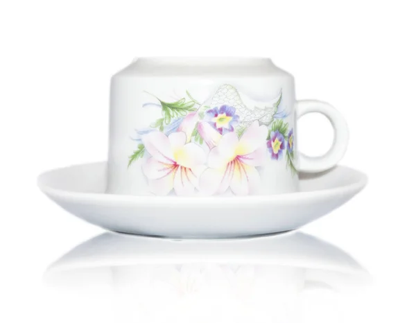 Элегантная Белая Чашка Блюдце Цветочными Украшениями — стоковое фото