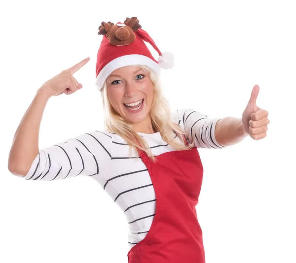 Housewife Red Apron Showing Thumbs — Stock Photo, Image