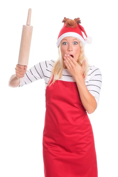 Christmas Woman Apron Holding Rolling Pin Scared — Stock Photo, Image