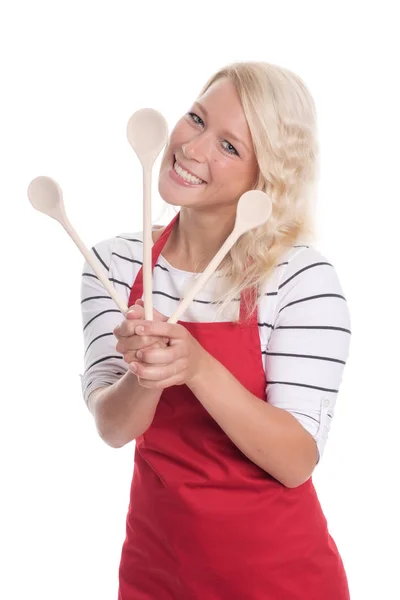 Ama Casa Delantal Sosteniendo Diferentes Cucharas Cocina — Foto de Stock