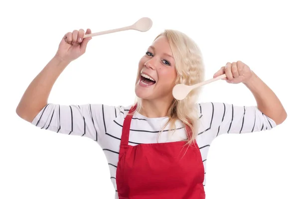 Ama Casa Delantal Sosteniendo Diferentes Cucharas Cocina — Foto de Stock