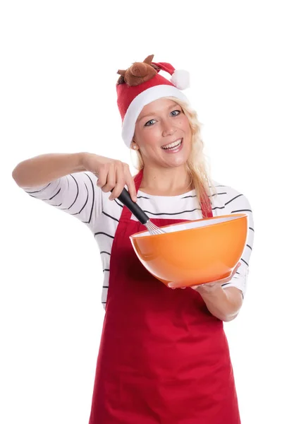 Woman Santa Hat Apron Stirred Bowl — Stock Photo, Image