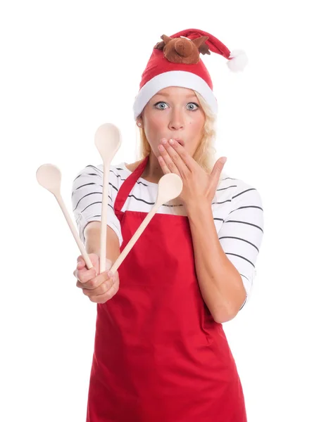 Stressed Christmas Woman Wooden Spoons — Stock Photo, Image