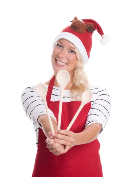 Christmas Woman Apron Shows Three Cooking Spoons — Stock Photo, Image