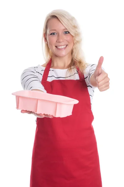 Mujer Delantal Sosteniendo Una Bandeja Para Hornear Hecha Silicona — Foto de Stock