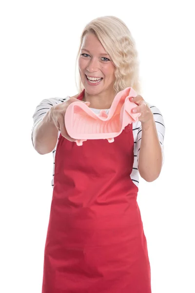 Woman Apron Holding Baking Dish Made Silicone — Stock Photo, Image