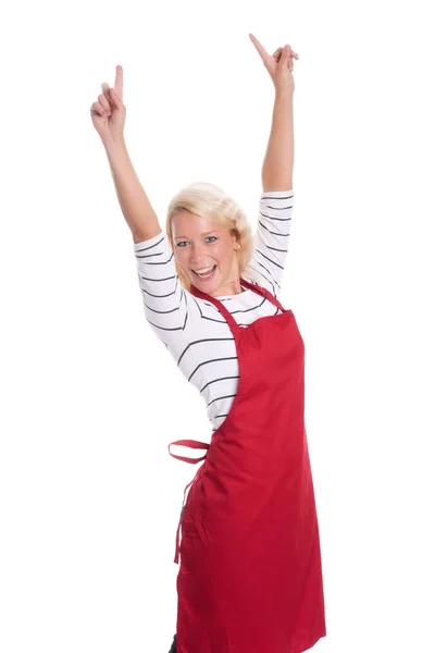 Housewife Red Apron Cheerful Shows Thumbs — Stock Photo, Image