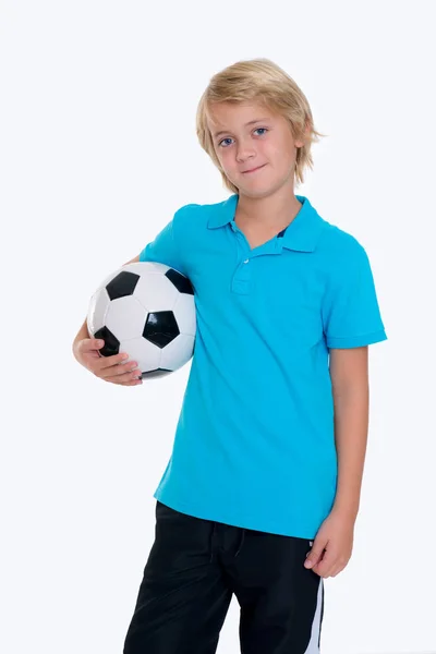 Biondo Ragazzo Con Pallone Calcio Fronte Sfondo Bianco — Foto Stock