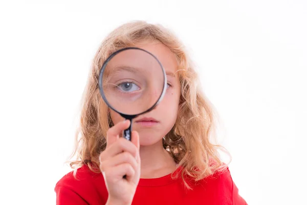 Blond Girl Magnifying Glass Front White Background — Photo