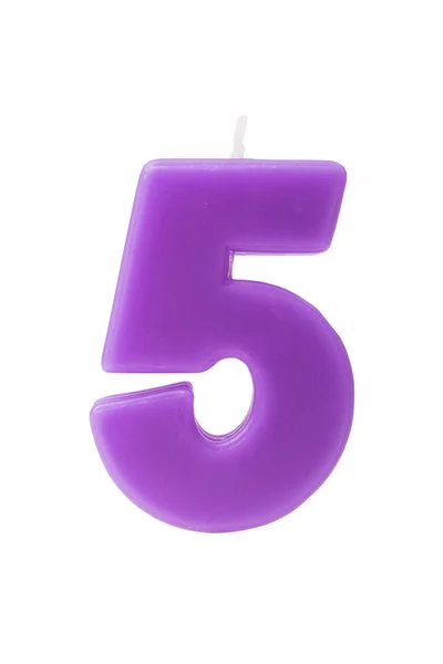 Purple Birthday Candle Form Number Five White Background — Stock Photo, Image