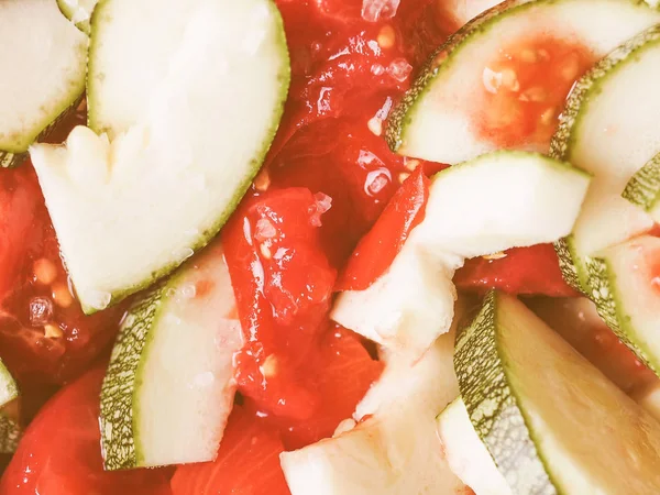 Vintage Procurando Legumes Courgettes Com Molho Tomate Útil Como Fundo — Fotografia de Stock