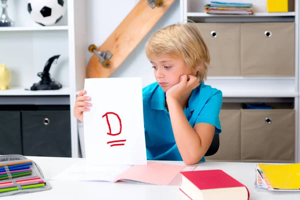 Blond Boy Desk Bad Report Card — Stock Photo, Image