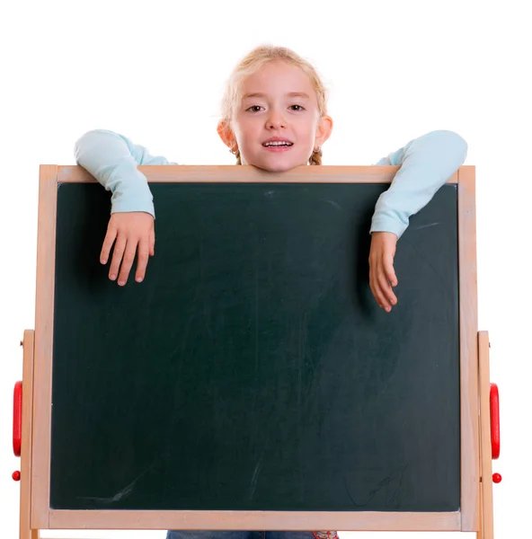 Blond Girl Blackboard Front White Background — Stock Photo, Image