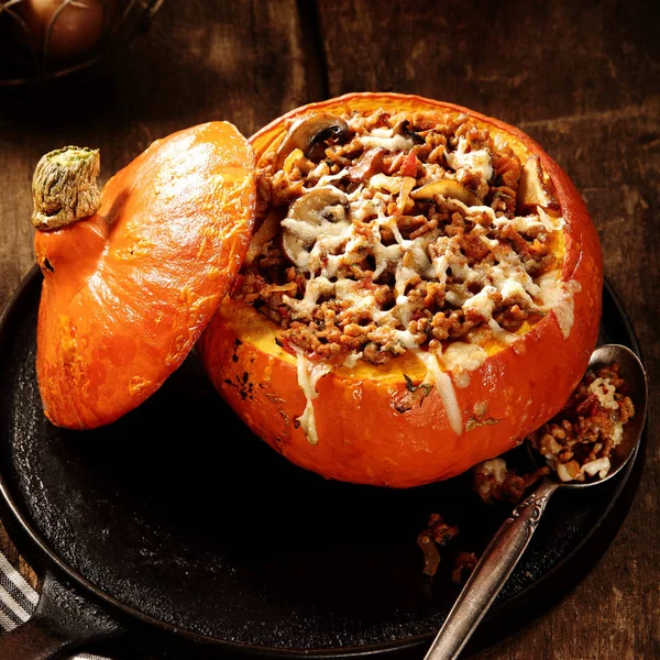 Delicious Autumn Recipe Stuffed Pumpkin Fresh Mushrooms Mince Meat Melted — Stock Photo, Image