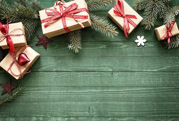Bonita Fronteira Férias Natal Com Presentes Decorativos Amarrados Com Fita — Fotografia de Stock