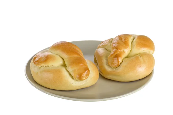 Brötchen Auf Keramikteller Isoliert Auf Weißem Hintergrund — Stockfoto