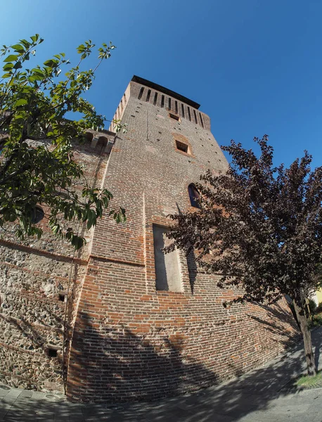 Torre Medievale Betyder Medeltida Torn Ses Med Fisheye Lins Settimo — Stockfoto