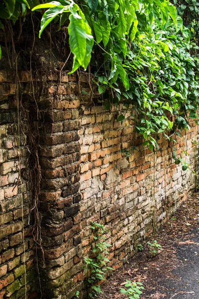 Stary Mur Murowany Położony Przy Chodniku Dla Pieszych — Zdjęcie stockowe