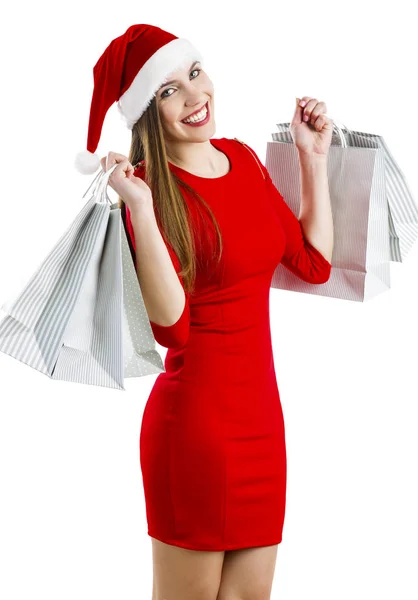 Mulher Bonita Atraente Com Chapéu Santa Segurando Sacos Compras — Fotografia de Stock