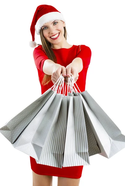 Mulher Bonita Atraente Com Chapéu Santa Segurando Sacos Compras — Fotografia de Stock