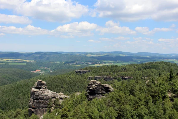 Θέα Στο Δάσος Βράχια Elbe Βουνά Ψαμμίτη Saxon Switzerland — Φωτογραφία Αρχείου