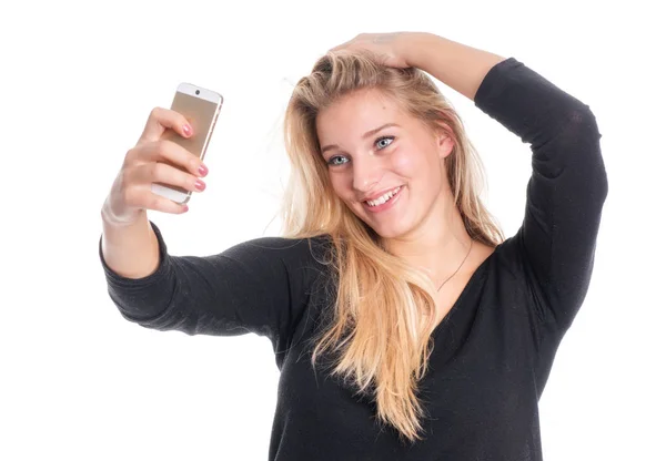 Guapa Rubia Hace Selecto Con Teléfono Móvil Sonrisas —  Fotos de Stock