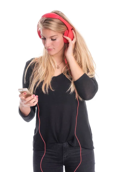 Krásná Žena Naslouchá Sluchátka Mobilní Telefon Hudby — Stock fotografie