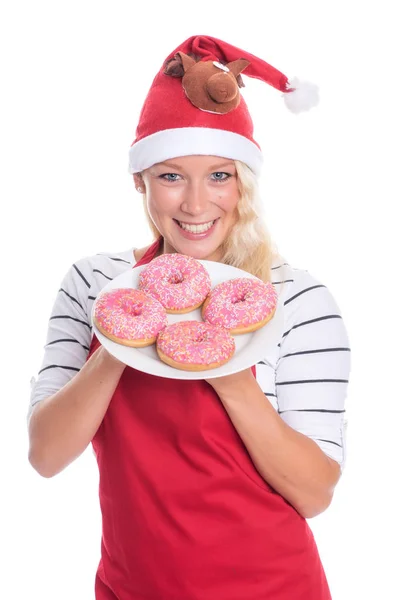 Mulher Natal Com Prato Donuts — Fotografia de Stock