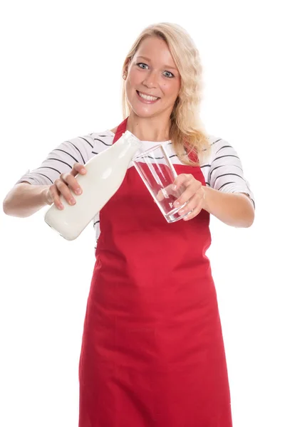 Жінка Фартусі Тримає Пляшку Свіжого Молока Келиха — стокове фото