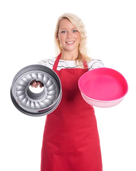 Huisvrouw Schort Met Verschillende Bakeware — Stockfoto