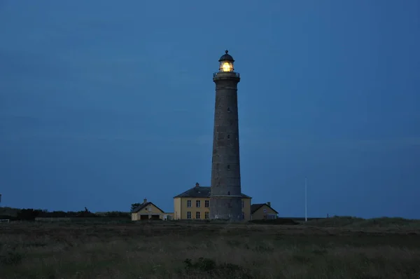 Faro Skagen Por Noche Denota — Foto de Stock