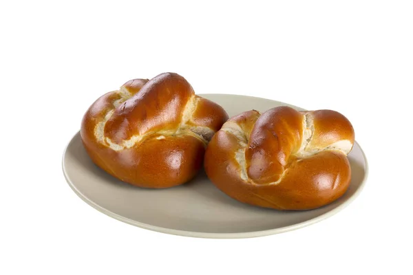 Brötchen Auf Keramikteller Weißer Holzhintergrund — Stockfoto