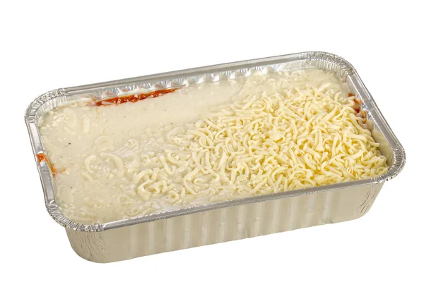 Zamrożone Lasagne Formie Aluminium Izolowane Białym Tle — Zdjęcie stockowe