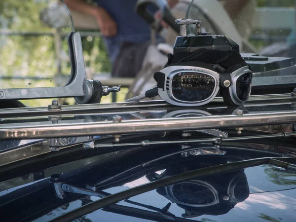 Closeup Driver Safety Goggles Reflection Folded Windshield Classic Car Front — Stock Photo, Image