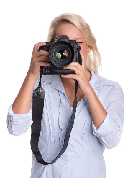 Young Woman Camera Isolated White — Stock Photo, Image