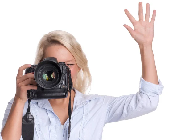 Fotograf Mit Kamera Hält Die Hand Auf — Stockfoto