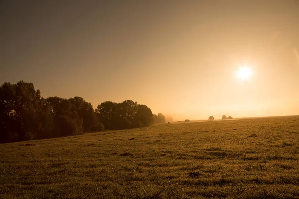 Nascer Sol Outono Com Névoa Matinal — Fotografia de Stock