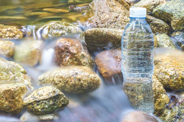 Bottiglia Minerale Flusso Acqua Nella Foresta Legno — Foto Stock