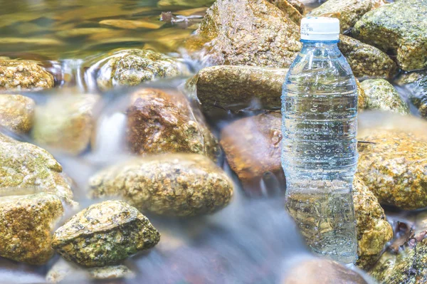 Mineralflaska Vid Vattendrag Träskog — Stockfoto