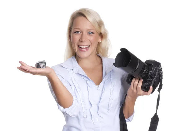 Mujer Con Una Cámara Sobre Fondo Blanco — Foto de Stock