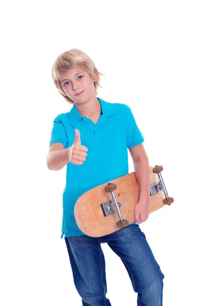 Niño Vestido Azul Con Skateboard Pulgar Frente Fondo Blanco —  Fotos de Stock